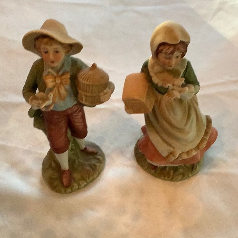 Pair of Lefton Porcelain Figurines. Boy and Girl with Bird Cages.